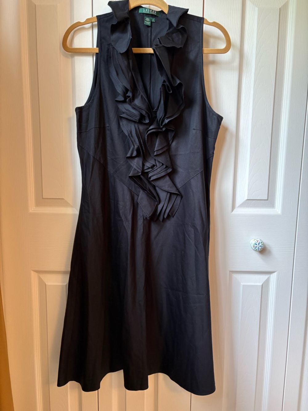 Ralph Lauren Black Sleeveless Midi Dress with Ruffle Front Detail